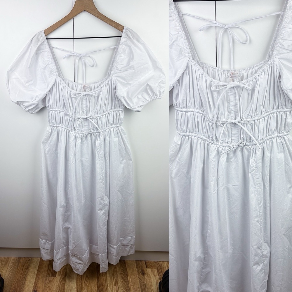 Olivaceous Cotton Poplin Puff Sleeve Back Tie White Pleated Midi Dress NEW